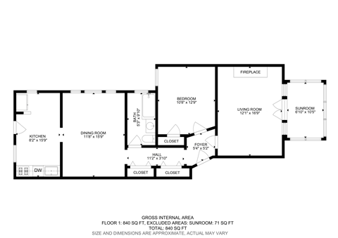 Floor plan for 1 bed, 1 bath, 900 sqft
